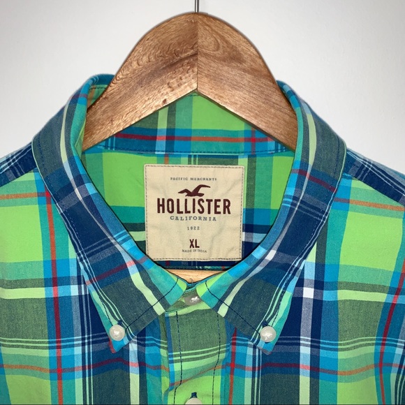Hollister Men Size XL Shirt Plaid Soft Woven Long Sleeves Blue & Green - Picture 3 of 12